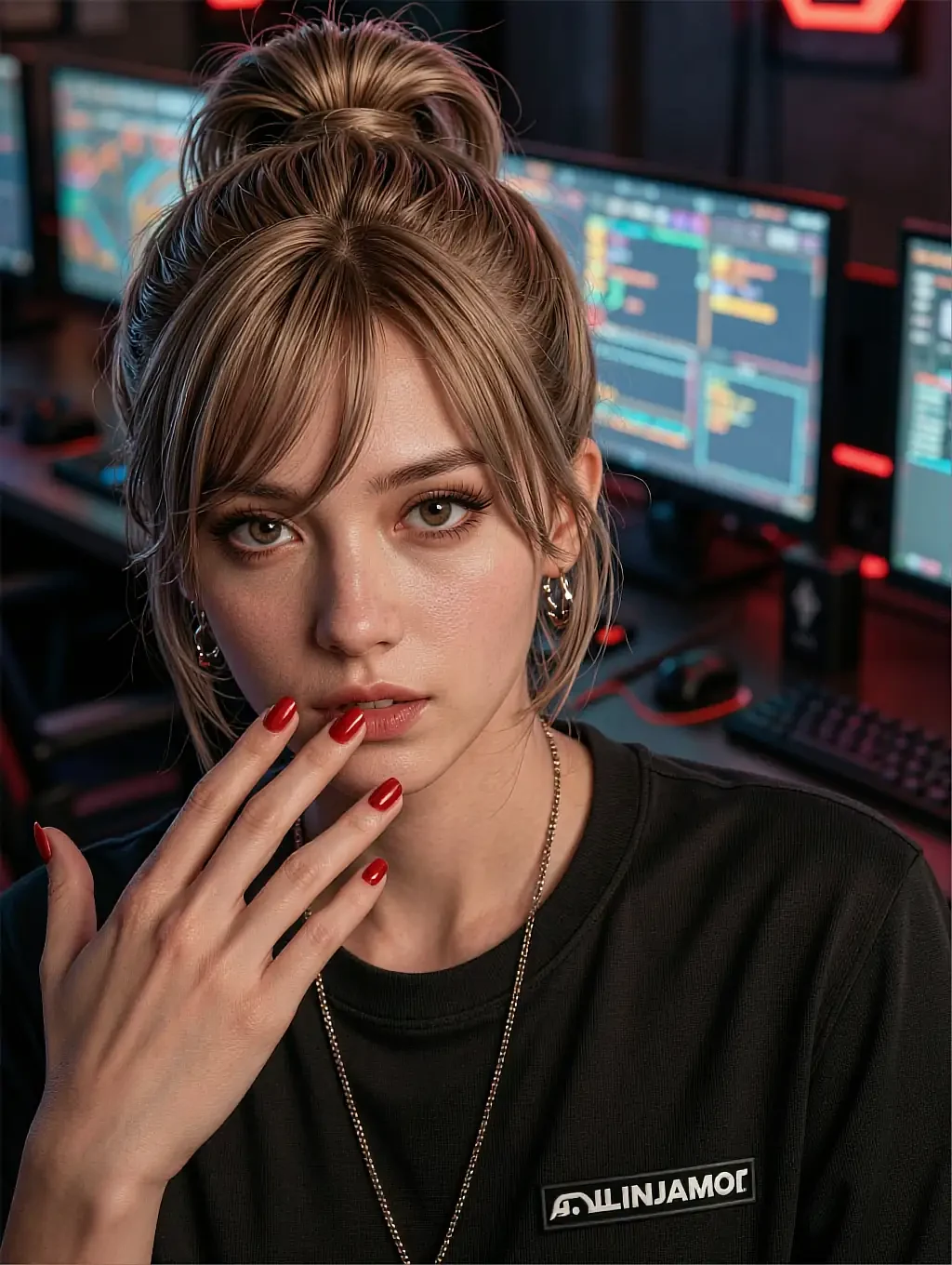 Yumi, a fictional AI character, lit by the glow of studio equipment